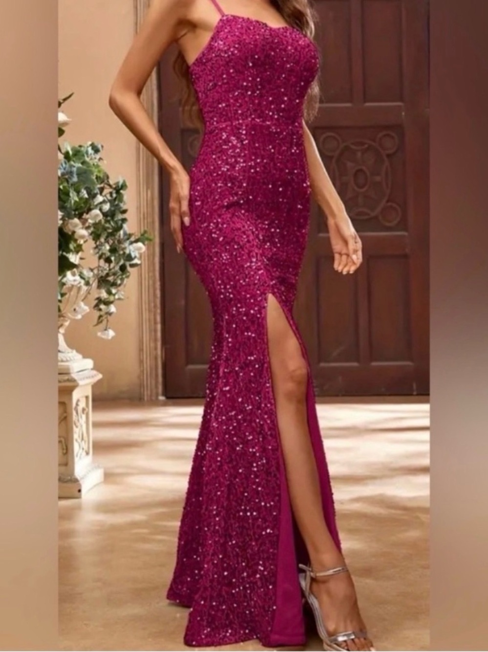 Strapless Fuchsia Sequin Evening Gown with Thigh Slit